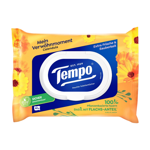 Tempo Moist Toilet Paper with Calendula & Chamomile – Family Pack, 16 Packs × 42 Wipes