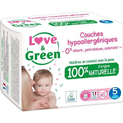 LOVE & GREEN Hypoallergenic Eco Baby Nappies Size 5 11-25kg - 40 Nappies