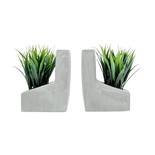 MyGift Modern Gray Concrete L-Shaped Bookends for Heavy Books with Artificial Green Grass Plants