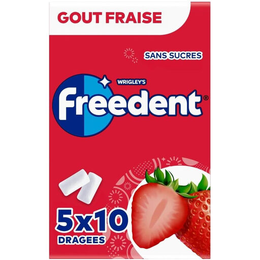 FREEDENT Strawberry 口香糖，5 包装，每包 10 粒糖丸