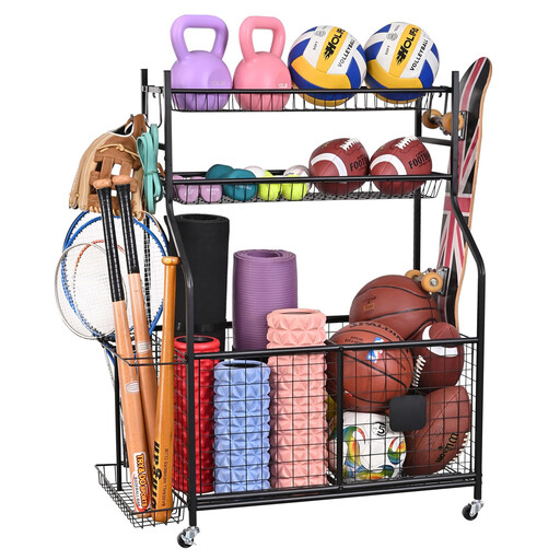 Sports Equipment Storage Rack with Basket, Hooks and Rolling Cart