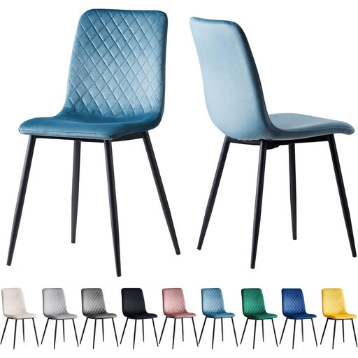 A light blue velvet dining chair with a curved back and sleek black metal legs.