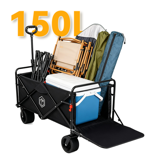 ochama Outdoor Foldable Storage Camping Trolley for Picnic, Stall & Travel, Rear-Opening Trailer, Black, 150L