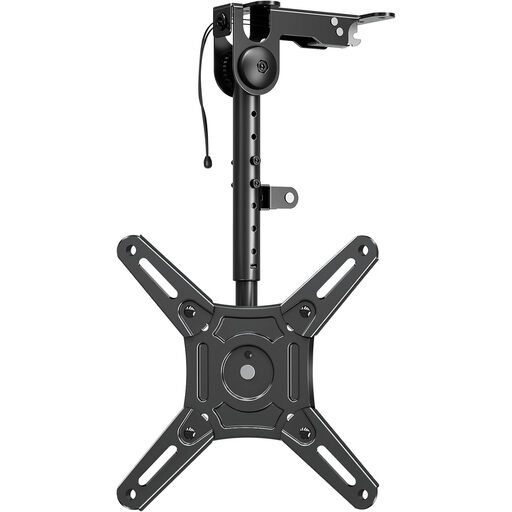 A foldable under-cabinet TV mount shown in a kitchen setting, highlighting its space-saving design.