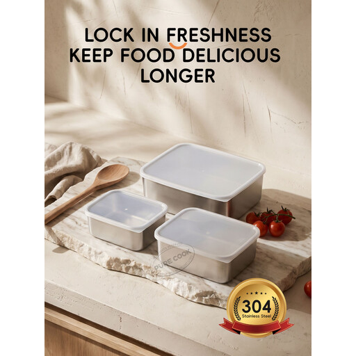 PURECOOK 304 Stainless Steel Food Storage 3-Pack Deep Containers with PE Lids