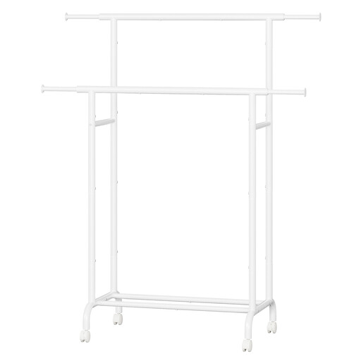 JOYFURNOS Double Garment Rack with Wheels, Adjustable Clothes Rail, Heavy-Duty Metal Frame for Bedroom, 80 kg Load, White