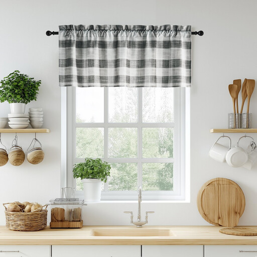 PONY DANCE Black White Buffalo Plaid Linen Valance