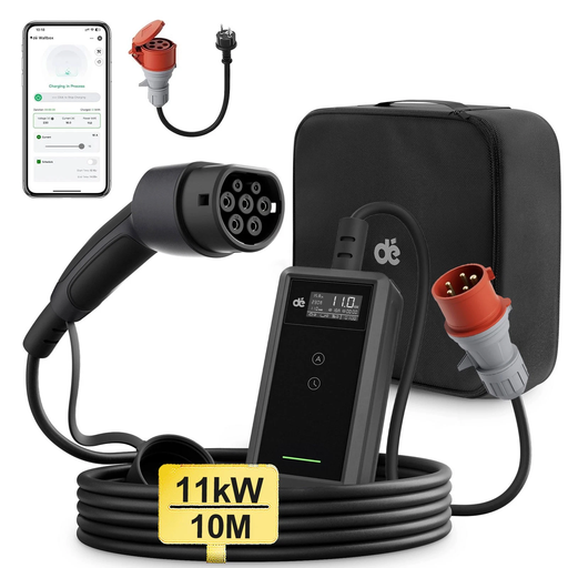 dé Chargeur pour voiture électrique 11 kW avec câble de 10 m, application et recharge triphasée