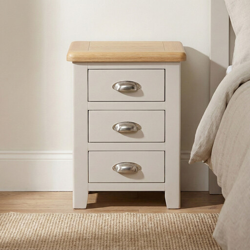 Windermere Bedside Table with three drawers, a grey base, and a solid oak top