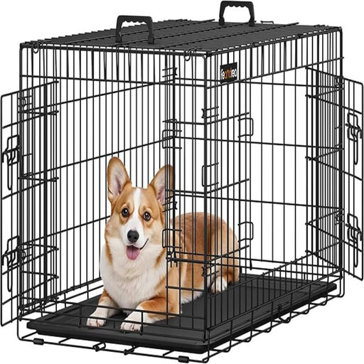 Feandrea PPD36H Folding Dog Cage with 2 Doors, Extendable Plastic Tray, 92.5 x 57.5 x 64cm, L, Black