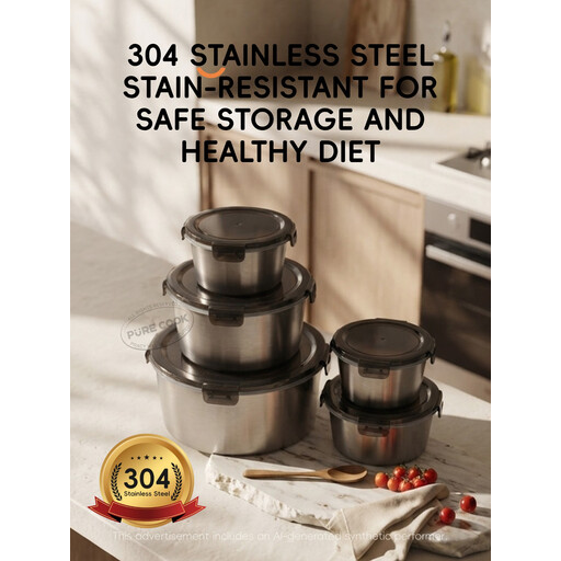 PURECOOK 304 Stainless Steel Round Food Storage Container Set
