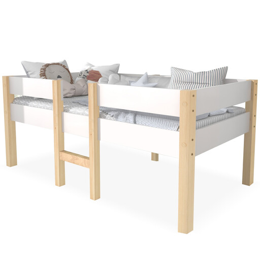 Mid-sleeper kids' bed with guardrail in white and oak