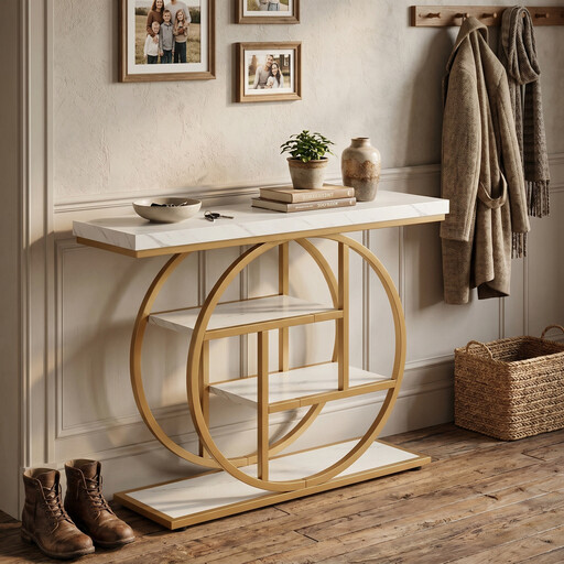 Console Table, 105 x 30 cm Industrial 4 Tier Sofa Table, White Gold
