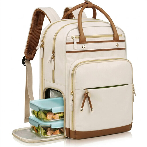 Beige work backpack with detachable lunch compartment