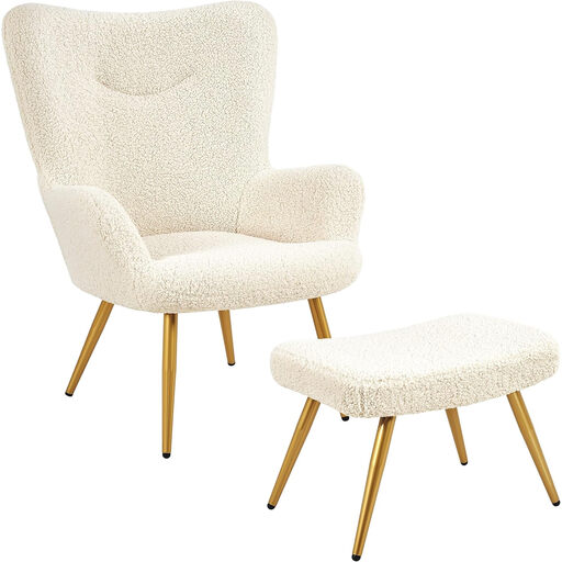 Yaheetech Accent Chair with Stool, Teddy Plush Upholstery