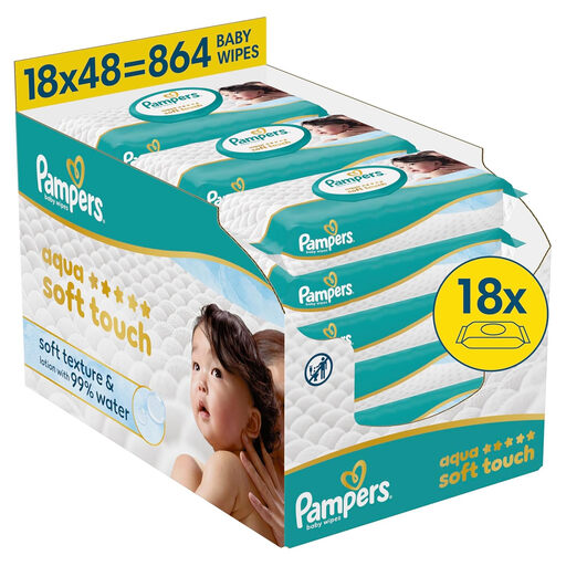 Pampers Aqua Soft Touch Wet Wipes, 18 x 48 = 864 Wipes