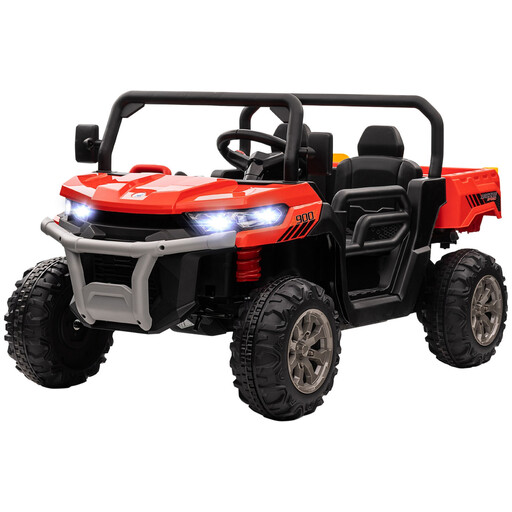 A red and black 2 seater kids ride on UTV with a shovel
