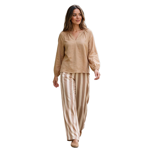 Women's 2-Piece Lounge Set, Long-Sleeved Top and Elasticated-Waist Trousers with Pockets, Soft Cotton Blend, Casual Loungewear, Coffee Brown, Size M