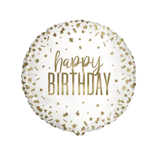 A round white and gold foil balloon with a confetti design