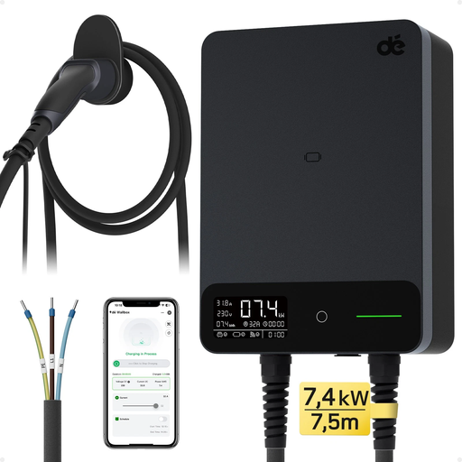 dé 7.4kW Electric Vehicle Charging Station with APP and 7.5m Type 2 Cable