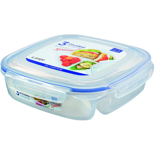 LocknLock 3-Compartment Meal Tray/Food Storage Container, 1.5 L, Clear, PP plastic/4-sided locking system/airtight & leak-proof/3-divided design (1 large + 2 small compartments)/BPA-free/freezer safe (-20°C)/microwave safe (lid off, up to 120°C)/dishwasher safe (top rack)/