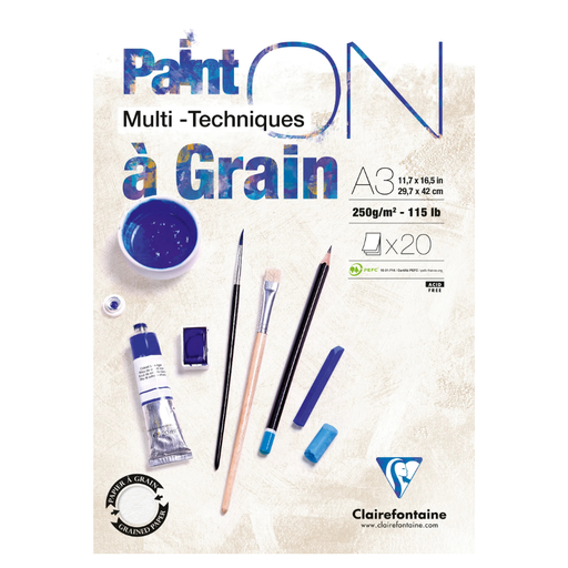 CLAIREFONTAINE Paint'ON Glued Grain Pad A3, 20 Sheets, 250 g