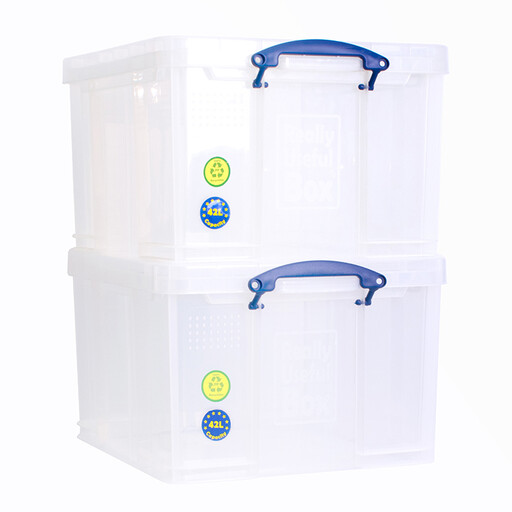 Really Useful Stackable Plastic Storage Box 42L Clear Pack of 2