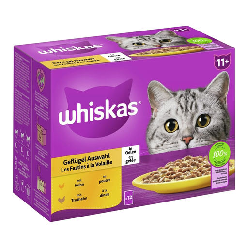 Whiskas 11+ Cat Food Poultry Selection in Jelly, 12 x 85g (1 Pack)