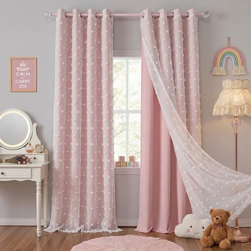 PONY DANCE Pink Curtains with Pom Pom Sheer