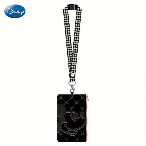 Black and white Disney lanyard card holder with a houndstooth pattern and Mickey Mouse
