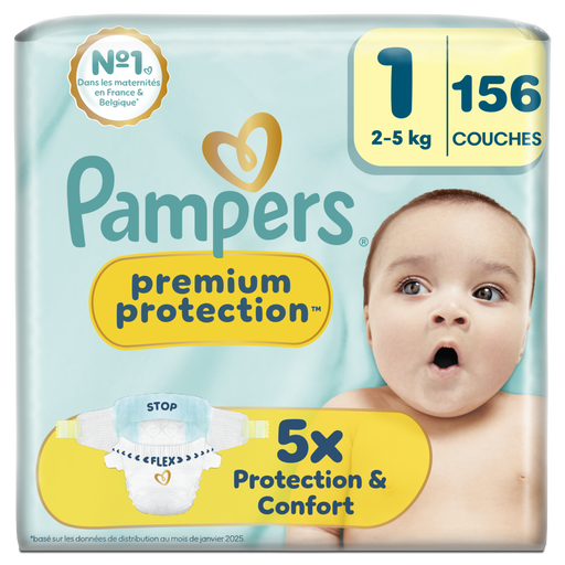 Pampers Premium Protection Taille 1, x156 Couches, 2-5kg