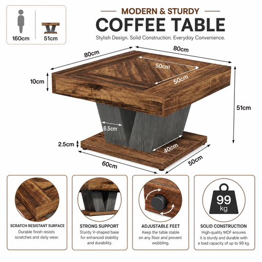 Tribesigns 80 cm Coffee Table, Wood Centre Table for Living Room, Square Modern Cocktail Tea Accent Table, Rustic Brown & Black