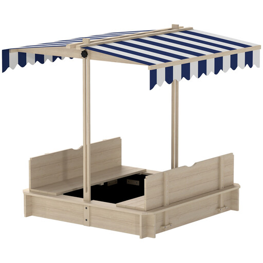 Outsunny Kids Wooden Sand Pit with Blue and White Canopy