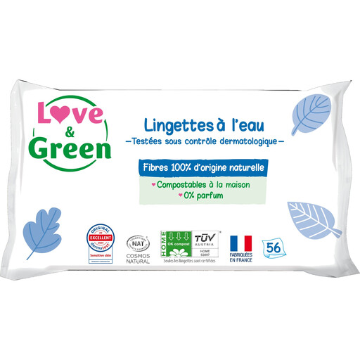 LOVE & GREEN Eco-Friendly Water Wipes - 100% Natural Fibre - 56 Wipes