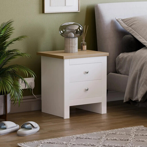 Vida Designs Arlington Bedside Table with two drawers in a white and oak-effect finish