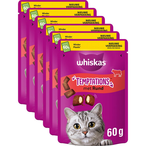 Friandises pour chat Whiskas Temptations, saveur bœuf, 6 x 60 g