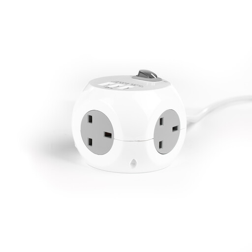STATUS 3 Way Cube Socket with three USB ports and 1.4 m lead, white