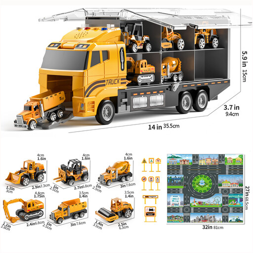 Boys’ Construction Truck Vehicle Toy Set with Play Mat and Die-Cast Car, Transport Carrier Truck for Children Aged 3–5, Birthday Gifts for Boys Aged 3–8