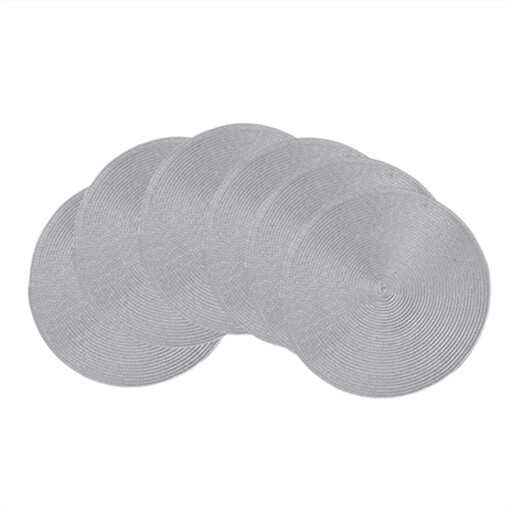 A set of six round braided placemats in a solid light gray colour
