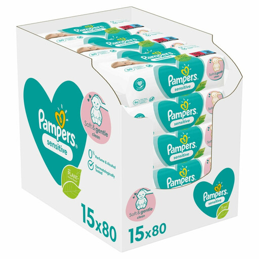 Pampers Sensitive Baby Wipes, 15 Packs of 80 = 1200 Pcs