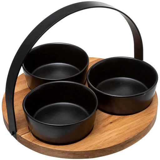 Secret de Gourmet Acacia Snack Set with three black bowls on a round wooden board