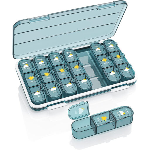 A blue and white weekly pill organiser with three compartments per day