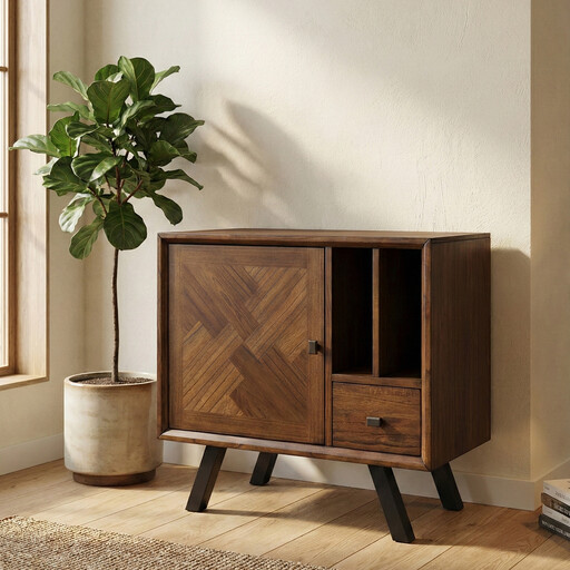 Small Sideboard Nevada Parquet Walnut/Black with mixed storage options and angled black legs
