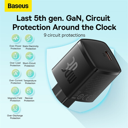 Baseus 30W GaN5 Compact Travel Charger, Fast Charging, USB-C PD, EU-Standard, Black, Compatible with iPhone 17/16, Samsung, Google Pixel