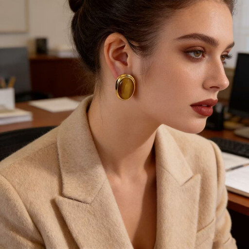 VoxorAI Brown Geometric Cat's Eye Stone Earrings
