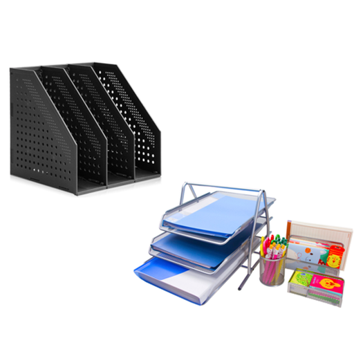 [Desk Organization Set] Senhoglb Office Desk Tidy 4-Piece Organiser Set, Silver + Deli Tri-Fold File Organizer, Office Desk Storage