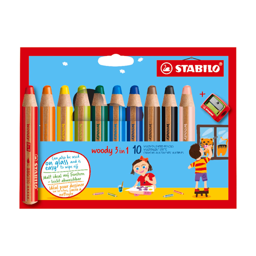 STABILO Woody 3 In 1 - Cardboard Box of 10 Assorted Units + Woody Pencil Sharpener