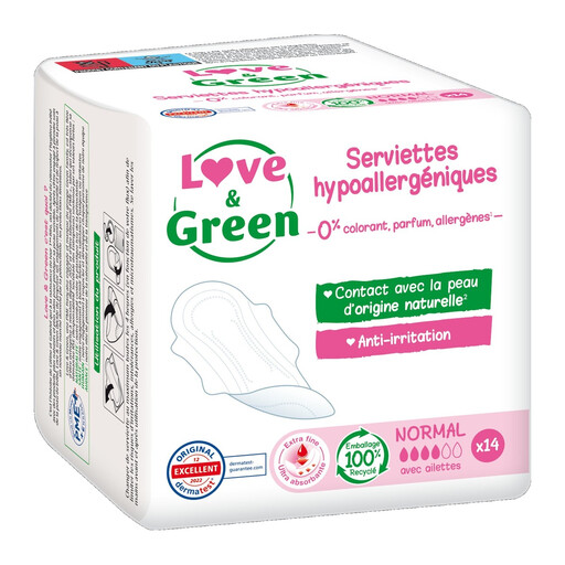 LOVE & GREEN Hypoallergenic Eco Sanitary Pads with Wings, Normal - 14 pads
