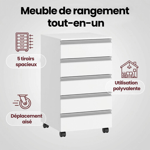 HaluPeit Rolling Cabinet, Mobile Filing Cabinet, 5-Drawer Cabinet