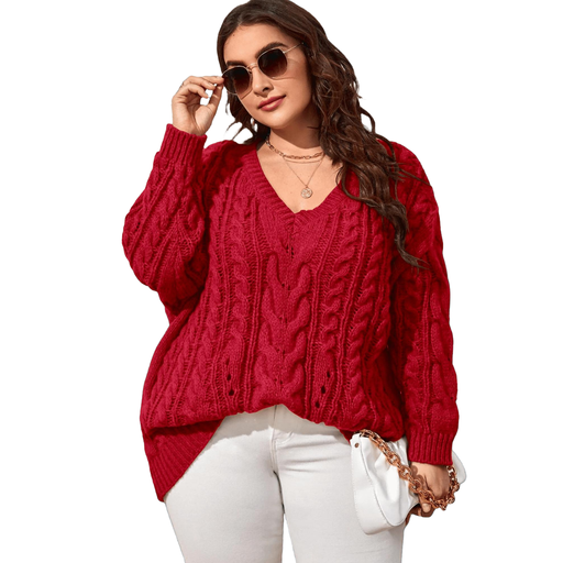 Women’s Plus Size V-Neck Cable-Knit Jumper, Long-Sleeved, Oversized, Hollow-Out Pullover, Casual Autumn/Winter Top, SIZE XXL, Red
